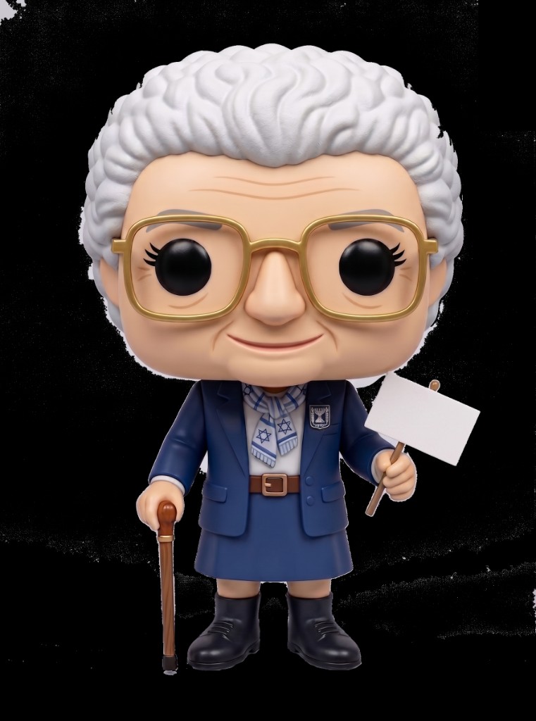Golda, a stylized figure in a navy suit and Star of David scarf, holding a cane and a blank sign